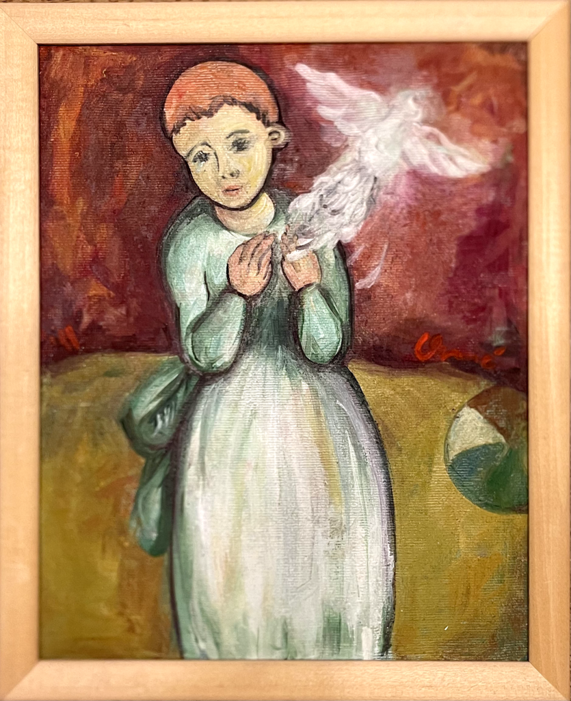 Beli golub odlece iz ruku devojcice